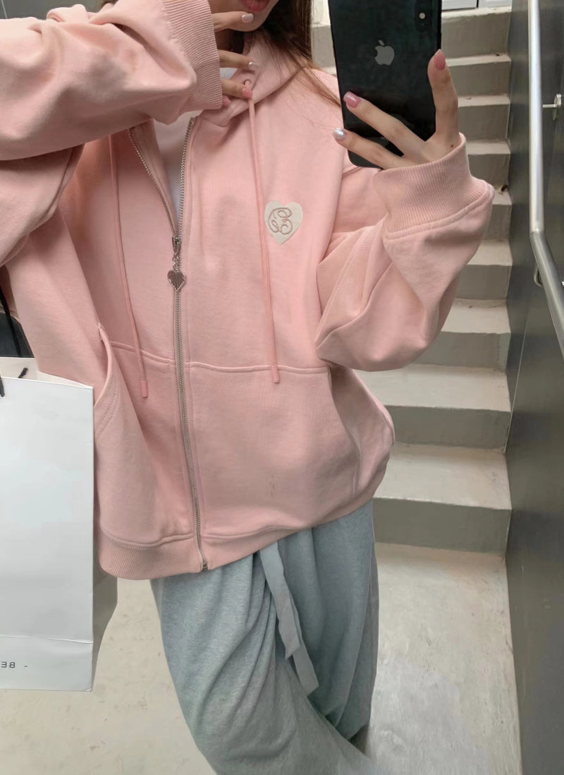 Solid Color Heart Embroidered Hoodie