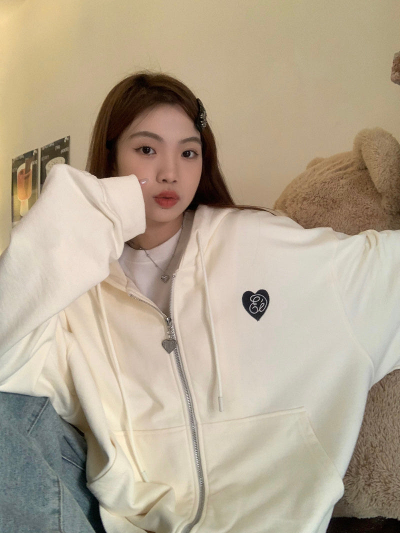 Solid Color Heart Embroidered Hoodie