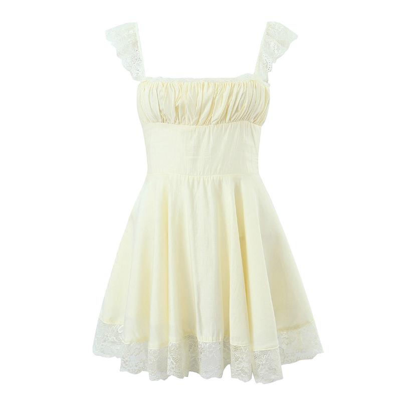 Solid Color Lace Line Pleated Dress