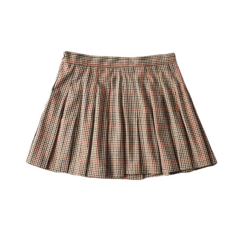 Retro Grid Dual Belt Pleated Skirt