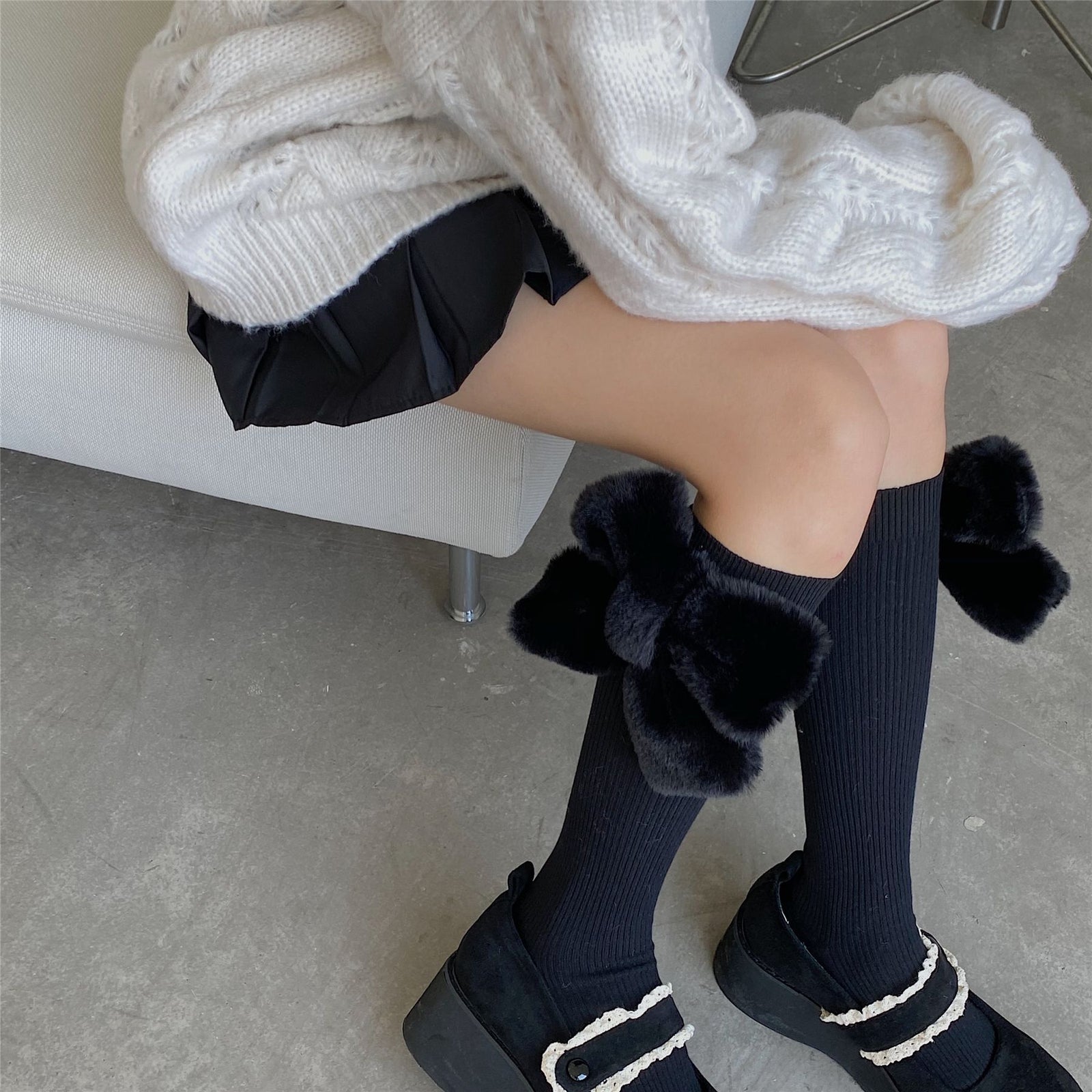 Fluffy Bowknot Knee-High Socks