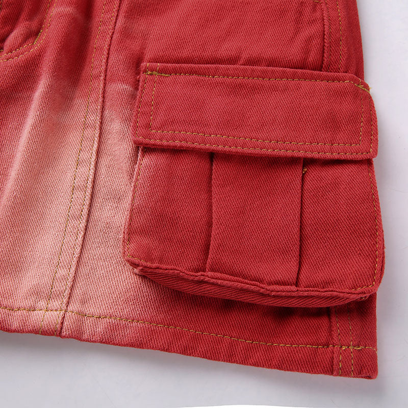 Red Tie-Dye Denim Cargo Skirt